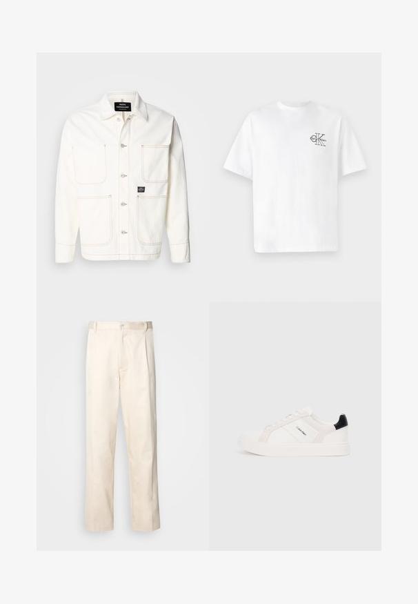 Weiße Jeansjacke mit Knopfleiste, zwei großen Brusttaschen und feinen orangefarbenen Nähten. Verfügt über einen Spitzkragen und Knopfmanschetten.; Weißes Baumwoll-T-Shirt mit kurzen Ärmeln, Rundhalsausschnitt, mit einem schwarzen CK-Logo im linken Brustbereich, normale Passform, glatte Textur.; Beige Baumwollhose mit geradem Bein, ausgestattet mit einem Knopfverschluss und Falten an der Vorderseite für zusätzliche Details.; Weiße Sneakers mit hellrosa und schwarzen Akzenten, featuring glattem Leder und Wildlederpaneelen, runder Zehenform und flacher Gummisohle.