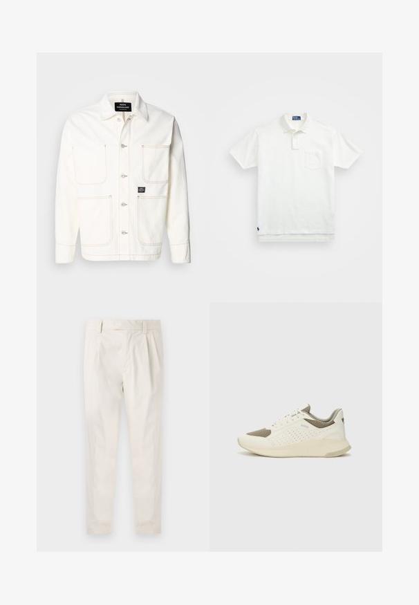 Bijela denimska jakna s dugim zatvaračem, dva velika džepa na prsima i suptilnim narančastim šavovima. Ima ovratnik s točkom i dugmad na manžetama.; Bijela polo majica napravljena od pamuka, s klasičnom ovratnikom, trodijelnim zakopčavanjem i džepom na lijevoj strani prsiju; mali logo na rubu.; Bijele, naborane hlače s krojem po mjeri, koje imaju glatku teksturu, petlje za pojas i sužene nogavice. Nema vidljivih džepova ili uzoraka.; Bijele i svijetlosmeđe sportske tenisice, sa mrežastim gornjim dijelom, perforiranim detaljima i teksturiranim međutrakom sa brendom na peti.