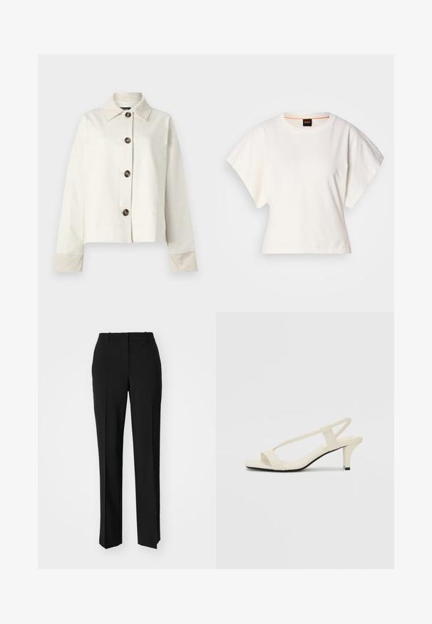 Light beige cropped jacket with a collar, five brown buttons, two front pockets, and contrasting sleeve cuffs. Fabric appears smooth.; White cropped T-shirt, short wide sleeves, soft cotton material, round neckline with subtle orange trim, minimal design, no patterns or graphics.; Black tailored trousers with a straight-leg design, featuring a smooth texture and crisp creases along the front. No visible hardware.; Beige block-heeled sandals with thin straps and a square toe. Smooth material with minimal detailing, designed for easy wear.