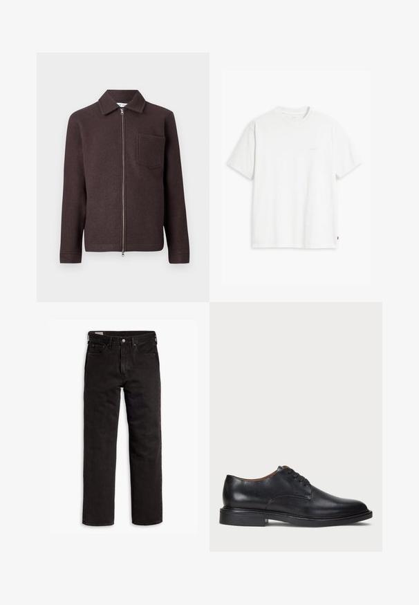 Casaco de lã castanho com fecho éclair à frente, gola de ponto e um único bolso no peito. Textura suave e silhueta ajustada com mangas longas.; T-shirt de algodão branco com mangas curtas, decote redondo e logo discreto da Levi's impresso no centro. Tecido macio e ajuste padrão.; Jeans de denim pretos de perna reta com cinco bolsos, fecho de botão e passantes para cinto, dispostos em uma superfície branca.; Sapato de vestido em couro preto com bico redondo, design com atacadores e um salto baixo empilhado. Textura suave com detalhes de costura mínimos.