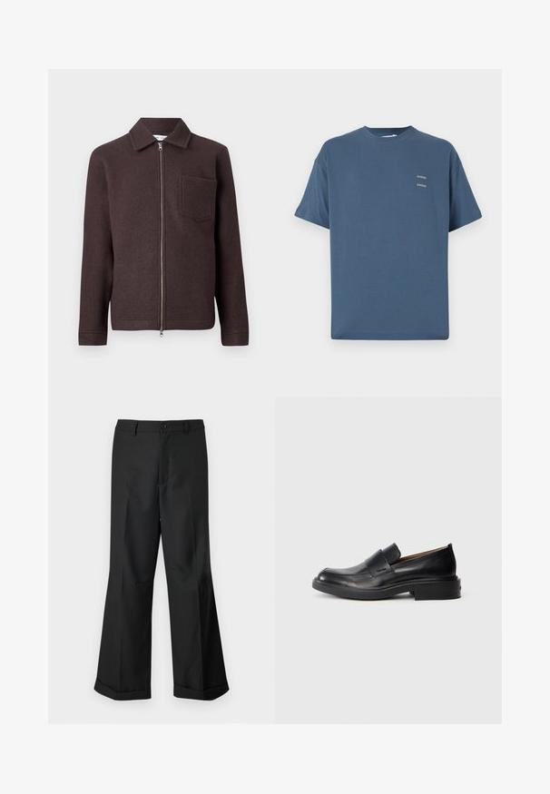 Barna gyapjúdzseki cipzáros elülső résszel, hegyes gallérral és egyetlen mellzsebbel. Sima textúrájú és testre szabott sziluett, hosszú ujjakkal.; Kék pamut póló klasszikus kerek nyakkal, rövid ujjakkal, laza szabással és két kis nyomtatott logóval a mellkasán. Simább textúra.; Fekete, bő szárú nadrág gombos derékkal és felhajtott szegélyekkel, sima fehér háttér előtt bemutatva.; Fekete bőr slip-on öltönycipő alacsony sarokkal és diszkrét Calvin Klein logóval az oldalán, profilból bemutatva, fehér háttér előtt.