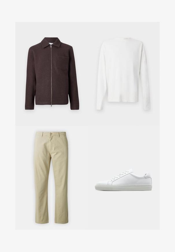 Jachetă din lână marron cu fermoar frontal, guler ascuțit și un singur buzunar pe piept. Textură netedă și siluetă ajustată cu mâneci lungi.; Cămașă albă din bumbac cu mâneci lungi, decolteu rotund, fante pe laterale la baza, cu o textură netedă, expusă din spate.; Pantaloni din bumbac bej cu un design drept, închidere frontală cu buton și curea. Textură netedă, fără modele sau accente vizibile.; Adidași albi cu o suprafață din piele netedă și un profil jos. Au un vârf rotunjit, șase orificii pentru șireturi și o talpă din cauciuc texturată.