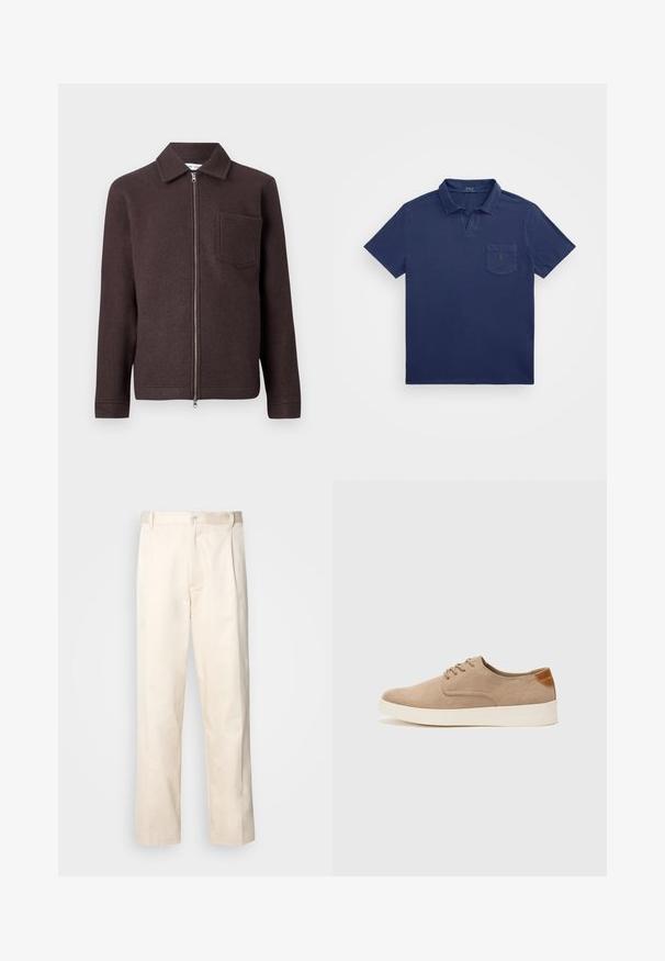 Rudas vilnos striukė su užtrauktuku priekyje, taškiniu apykakle ir viena krūtinės kišene. Lygios tekstūros ir prigludusi siluetas su ilgomis rankovėmis.; Tamsiai mėlynas polo marškinėliai su trumpu apykakle, krūtinės kišene ir siuvinėjimu. Pagaminti iš minkštos, tekstūruotos medžiagos.; Bežinės medvilninės kelnės su tiesiu kirpimu, turinčios mygtuko uždarymą ir priekyje raukšles papildomai dekoratyviam akcentui.; Bežiniai zomšiniai sportbačiai su apvaliomis pirštų dalimis, raišteliais priekyje ir tekstūruotu užkulniu. Balta guma suteikia kontrastą. Paprastas ir modernus dizainas.
