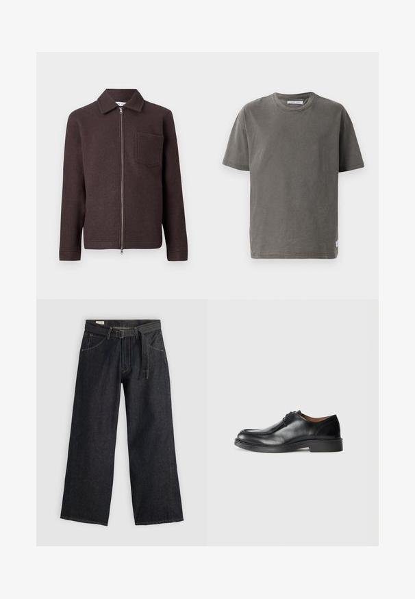 Barna gyapjúdzseki cipzáros elülső résszel, hegyes gallérral és egyetlen mellzsebbel. Sima textúrájú és testre szabott sziluett, hosszú ujjakkal.; Szürke pamut rövid ujjú póló, kerek nyakkivágással, enyhén kopott hatással és oldalsó hasítékkal az alján a részletesebb megjelenés érdekében.; Sötét farmer széles lábú nadrág övvel a deréknál, elülső zsebekkel és kontrasztos varrással. Sima textúra tiszta dizájnnal.; Fekete bőrből készült férfi cipő lekerekített orral, sima felülettel, fűzőkkel és alacsony, texturált gumitalppal. Tiszta vonalak és letisztult dizájn.