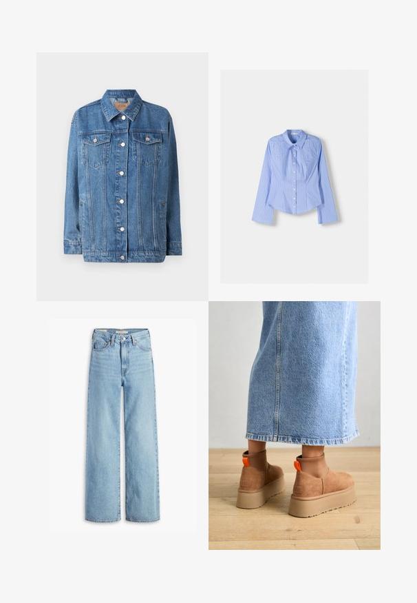 Modra traper jakna z gumbi na sprednji strani, dvema žepoma na prsih in koničastim ovratnikom. Ima rahlo obrabljen videz in srebrne okrasne dodatke.; Modra in bela prugasta srajca z dolgimi rokavi in gumbom, s širšim ovratnikom, prilagojenim krojem in ukrivljenim robom. Teksturni bombažni material.; Visoke svetlo modre široke hlače z visokim pasom, z gumbom in zadrgo spredaj, z zankami za pas in petimi žepi.; Rjave suede platform čizme z elastičnimi stranskimi paneli in oranžnimi zankami, v kombinaciji s svetlobno denim krilom do kolen na lesenem tleh.