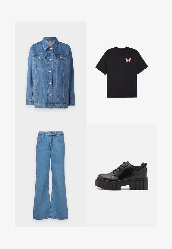 Plava traper jakna s kopčanjem sprijeda, dva džepa na prsima i šiljastim kragnom. Ima blagu istrošenost i srebrne detalje.; Crna pamučna majica s kratkim rukavima, s malim grafičkim prikazom ružičaste vjetricaste s desne strane na prsima. Dizajn s okruglim izrezom i opuštenim krojem.; Svijetloplave traperice s flared nogavicama, visokog struka, s pet džepova i jednim dugmetom za zatvaranje. Mekani materijal s izblijedjelim izgledom.; Crne kožne platforme s debelim blok-peta, okruglim prstima i klasičnim dizajnom vezanja. Imaju gladak tekstur i minimalne detalje.