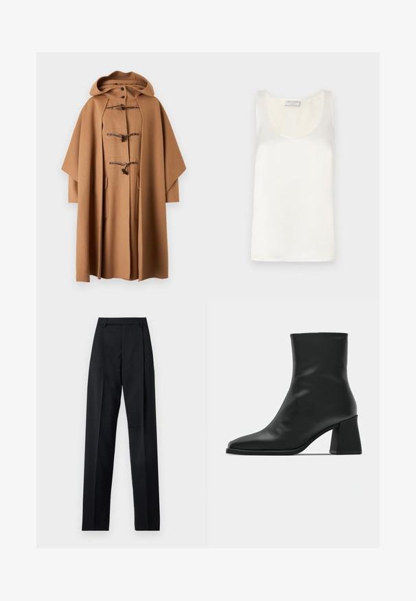 WEEKEND MaxMara NICO - Classic coat - cammello; White satin sleeveless tank top featuring a round neckline and smooth texture, with subtle sheen and clean edges.; Black trousers made from smooth fabric featuring a high waist, wide legs, front pleats, and classic belt loops. No side pockets visible.; Black leather ankle boot with a pointed toe and a block heel. Smooth texture, minimalist design, and a high-cut silhouette.