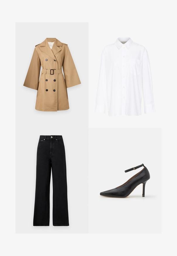Beige trenchcoat med dobbel række, store klapkraver, brede ærmer og en belted talje. Har sorte knapper og en glat tekstur.; Hvid langærmet skjorte med krave lavet af bomuld. Har en knaplukning fortil og en enkelt brystlomme. Glat tekstur, afslappet pasform.; Højtaljede sorte denim jeans med bred bendesign, der har fem lommer og hardware i sølvfarve. Overordnet glat tekstur.; Sort læder højhælede sko med spids tå, ankelrem og en tynd hæl. Glat tekstur med en guldaccent på hælbasis.