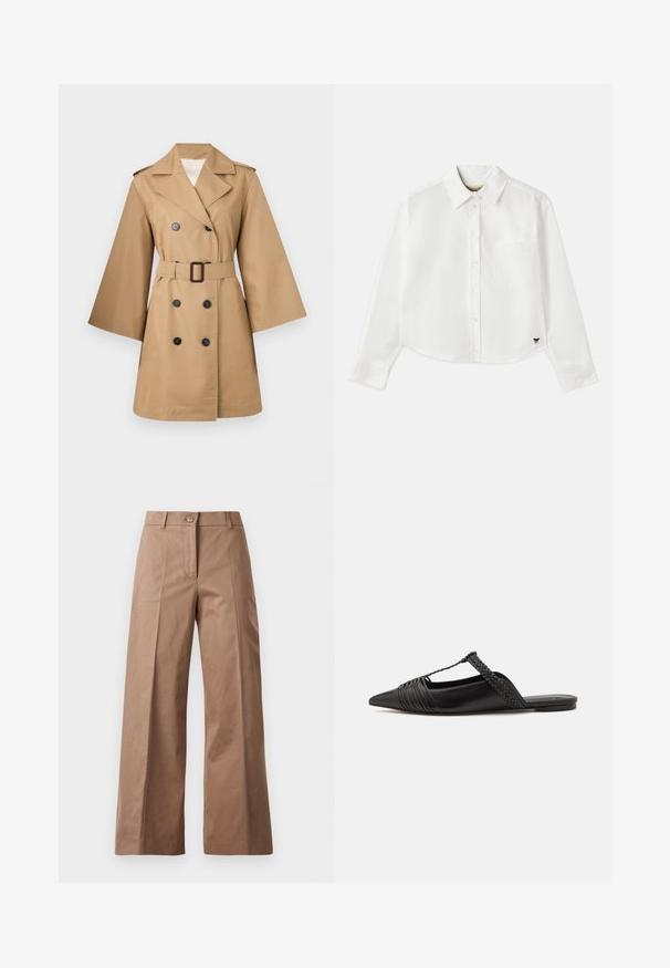 Béžový trenčkot s dvouřadým designem, velkými klopami, širokými rukávy a opaskem v pase. Obsahuje černé knoflíky a hladký povrch.; Bílá zkrácená košile s dlouhým rukávem vyrobená z bavlny. Má zapínání na knoflíky vpředu, náprsní kapsu a malé černé logo na dolním levém rohu.; Hnědé kalhoty s širokými nohavicemi vyrobené z hladké tkaniny, s předním zapínáním na knoflík, dvěma předními kapsami a čistými, dobře střiženými liniemi.; Černé kožené slingback boty se špičatou špičkou, s tkaným akcentem a plisovaným designem svršku. Plochá podešev s minimálním kovovým zapínáním.