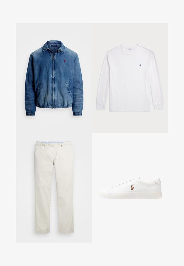 Polo Ralph Lauren BAYPORT UNLINED WINDBREAKER - Jeansjakke - wallsend; Hvit langermet T-skjorte laget av bomull. Har rund hals, ribbestrikkede mansjetter, og en liten marineblå polo-logo på venstre bryst.; Beige bomullskjoler med flat front, beltehemper og sidelommer. Rett ben-design med en glatt tekstur og en lett, pustende følelse.; Hvite lærsko, lavt design, med en glatt tekstur, rund tå, snøring foran, og en liten brodert logo på siden.