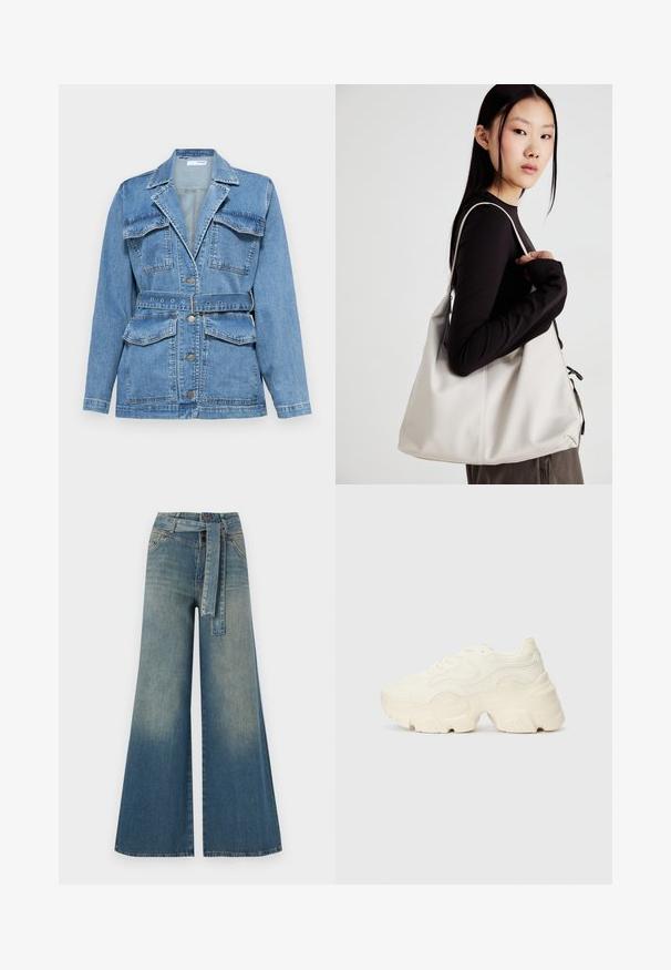 Gaiši zilā džinsā jaka ar apkakli, divām krūšu kabatām, jostu viduklī un sudraba tonētiem pogām. Tam ir strukturēts, pielāgots dizains.; Balts bez piedurknēm tops ar apaļu kakla izgriezumu. Izgatavots no gludas auduma, tam ir brīvs piegriezums un minimālistisks dizains. Nav nekādas rakstainības vai akcentu.; Platām kājām džinsu bikses ar gaismas līdz tumši zilam gradientam, augstu jostas līniju, jostas cilpām un atbilstošu auduma jostu. Tekstūrēts džinsas apdare.; Masīvi balti sportisti, kas izgatavoti no strukturēta sieta un sintētiskajiem materiāliem, ar biezu zoli un sarežģītām rakstu detaļām gar sāniem.; Bežs rokassoma, izgatavota no mīksta materiāla, ar brīvu dizainu, izšūtu apdari un divām plecu siksnām. Piemērota ikdienas lietošanai.