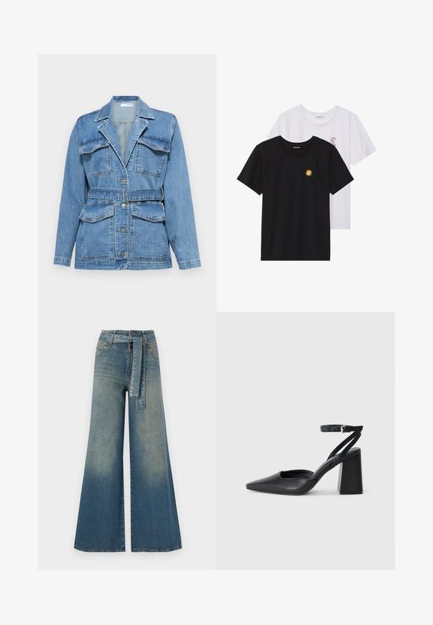Švarkas iš džinsinio audinio šviesiai mėlynos spalvos su apykakle, dviem krūtinės kišenėmis, dirželiu juosmens srityje ir sidabrinėmis knopkėmis. Pasižymi struktūrizuotu, pritaikytu dizainu.; Juodi ir balti marškinėliai, apvaliu kaklu, trumpomis rankovėmis. Juodi marškiniai su geltonu saulės siuvinėjimu; baltieji turi purpurinę pusmėnulio akcentą.; Platus džinsinis kelnes su šviesiai tamsiai mėlynu gradientu, aukštu juosmeniu, diržo kilpomis ir atitinkančiu audinio diržu. Textūruotas džinsinis paviršius.; Juoda odinė smailiagalė aukštakulnio bateliai su kulkšnies dirželiu ir storu kulnu. Lygus paviršius, elegantiškas dizainas ir minimalistiška estetinė.