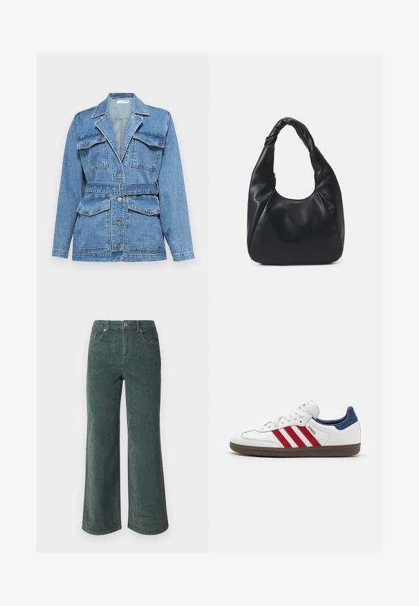 Vaaleansininen farkkutakki, jossa on kaulus, kaksi rintataskua, vyötäröllä vyö ja hopeanväriset napit. Ominaisuutena on rakenteellinen ja istuva muotoilu.; Even&Odd Petite 2 PACK - Toppi - light grey/black; Vero Moda Petite VMTESSA PANTS - Housut - balsam green; Valkoinen lenkkari, jossa on punaiset mokkajäljitelmäraidat, sininen mokkahilkka ja teksturoiduista ruskeista kumipohjista. Varustettu nauhakengillä ja logolla.; Mustavelhainen hobo-laukku, joka on valmistettu sileästä nahkamaa-aineesta, jossa on kierrätetty kahva. Laukku on pehmeän pyöreä muoto ja siinä on vetoketjulla suljettava yläosa.; Kultaketjut kullasta, joissa on sileä, kiiltävä pinta. Pyöreä muotoilu, jossa on pieni tappi ja kirkas taustalevy turvalliseen käyttöön.