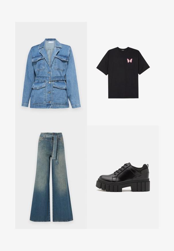 Denim jacket in light blue with a collar, two chest pockets, a belted waist, and silver-tone buttons. Features a structured, tailored design.; Black cotton t-shirt with short sleeves, featuring a small pink butterfly graphic on the left chest. Crew neck design with a relaxed fit.; Wide-leg denim trousers featuring a light to dark blue gradient, high waist, belt loops, and a matching fabric belt. Textured denim finish.; Black leather platform shoes with a chunky block heel, round toe, and traditional lace-up design. Features smooth texture and minimal detailing.