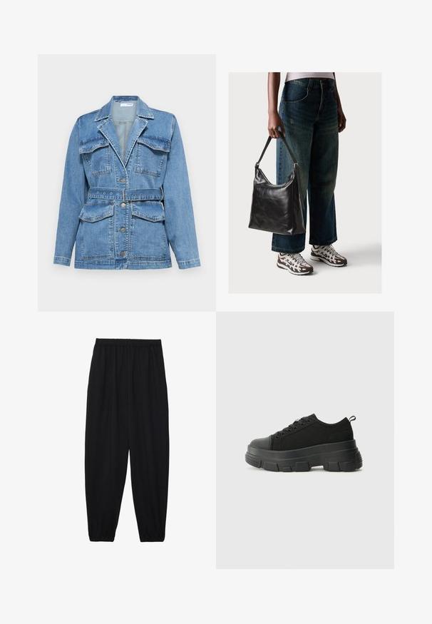 Džínová bunda v svetlomodrej farbe s golierom, dvoma náprsními vreckami, opaskom v pase a striebornými gombíkmi. Má štruktúrovaný, prispôsobený dizajn.; Čierne tričko z bavlny, s krátkymi rukávmi cez biele tričko s dlhým rukávom, s jemným textúrovaným vzorom. Design s okrúhlym výstrihom.; Čierne, ľahké nohavice s elastickým pásom a zúženými nohavicami. Tkanina je hladká a má voľný, zúžený strih.; Čierne tenisky s masívnou gumovou podrážkou, textúrovaným textilným zvrškom, okrúhlou špičkou a šnurovaním. Obsahujú spevnené očká a zadný úchop.; Čierna kožená taška cez rameno s hladkou textúrou a nastaviteľným popruhom, skombinovaná s vyblednutými širokými džínsy a športovými teniskami.
