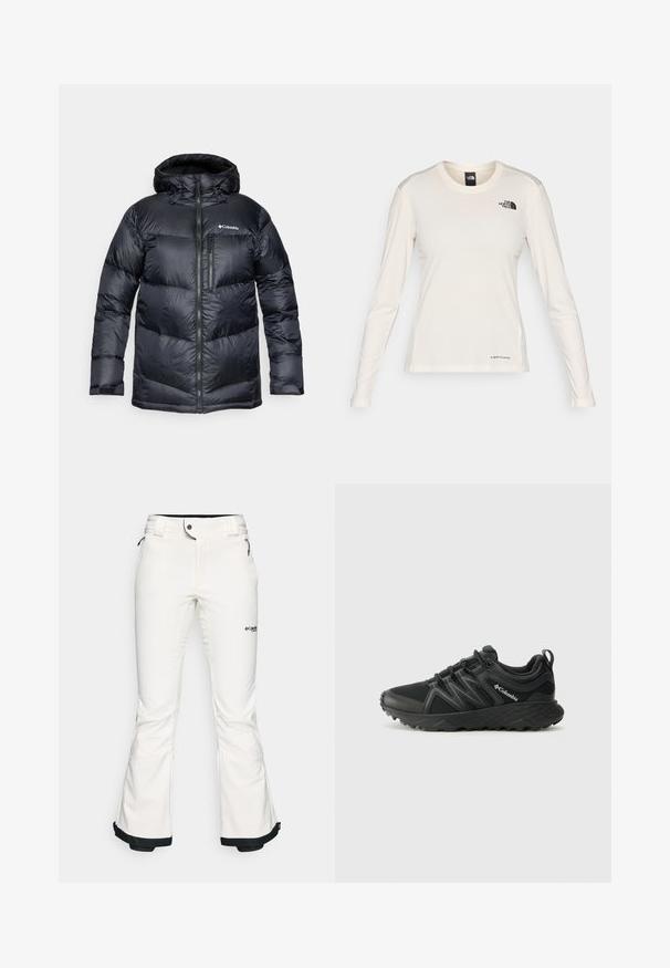 Crna izolirana puffer jakna s kapuljačom, s prednjim zatvaračem, laganim materijalom i ušivenim dizajnom s horizontalnim segmentima.; The North Face SHADOW LONG SLEEVE - Top dugih rukava - white dune; Bijele skijaške hlače izrađene od mekog, fleksibilnog materijala. Imaju uski struk, široke ispružene nogavice i crne obrube na manžetama. Vidljiv brend logo.; Columbia PEAKFREAK - Obuća za pješačenje - black