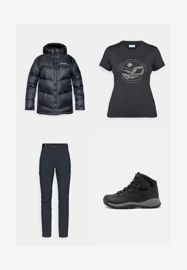 Veste matelassée noire isolante avec capuche, dotée d'une fermeture éclair à l'avant, d'un matériau léger et d'un design matelassé avec des sections horizontales.; T-shirt noir Columbia avec un dessin linéaire blanc de montagne et de rivière en cercle et le texte "Columbia Sportswear Company À l'extérieur depuis 1938."; Pantalons de plein air pour hommes, gris foncé, fabriqués en matériau flexible, dotés d'une ceinture, de poches zippées et de coutures renforcées.; Botte de randonnée noire au design mi-haut, avec un dessus texturé, des accents gris et une semelle en caoutchouc durable avec des crampons de traction.