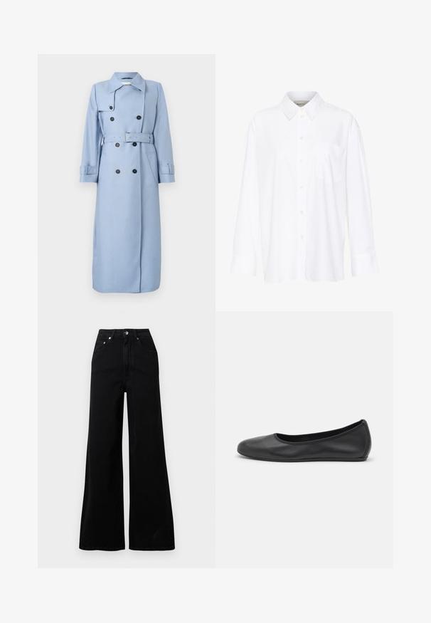 Lång dubbelknäppt ljusblå trenchcoat med svarta knappar, bälte vid midjan och krage, uppvisad mot en vit bakgrund.; Vit långärmad skjorta med krage i bomull. Har en knapp-down fram och en enda bröstficka. Slät textur, avslappnad passform.; Svarta jeans med vida ben i denim, med hög midja, fem fickor, knäppning framtill och minimalistiska söm-detaljer.; Svart läderballerinaskor med rund tå, slät yta, minimala söm detaljer och en flexibel sula.