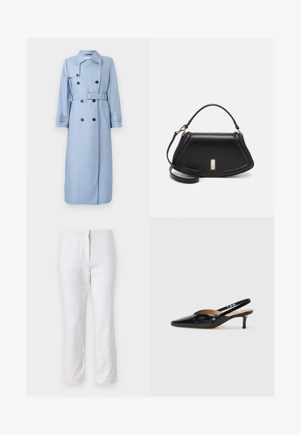 Pitkä kaksirivinen vaaleansininen trench-viitta mustilla painikkeilla, vyö vyötäröllä ja kauluksessa, esitelty valkoista taustaa vasten.; Valkoinen lyhythihainen t-paita, leveät lyhyet hihat, pehmeää puuvillamateriaalia, pyöreä pääntie jossa hienovarainen oranssi reunus, minimaalinen muotoilu, ei kuvioita tai graafisia elementtejä.; Valkoiset puuvillahousut suoralla lahkeella, joissa on keskikorkea vyötärö ja ei näkyviä varusteita tai kuvioita. Ehjä pinta kauttaaltaan.; Musta patenttikiiltoinen slingback-korkokenkä, jossa on teräväkärkinen muoto, pieni korko ja leikkauksella varustettu suunnittelu vampaassa. Kultasävyinen metallivanhus sivulla.; Mustalla nahkalaukulla, jossa on jämäkkä muotoilu, lyhyt malli, yläkahva ja kultaiset yksityiskohdat. Säädettävä olkahihna sisältyy.