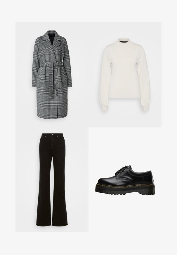 Pelēkai un melnai krekliem ar divrindu dizainu, jostu ap vidukli, plašiem atloka galiem un garām piedurknēm. Mīksta auduma ar teksturētu rakstu.; Vero Moda Tall VMMERCURY HIGHNECK - Džemperis - birch; Augstas jostas melni izplūduši džinsi, kas izgatavoti no denima, ar pogu aizdari, sānu kabatām un gludu tekstūru.; Melni ādas kurpju zābaki ar biezām, zāģveida melnām gumijas zolgām un dzeltenu diegu apmalē, ar gludu virsmu.