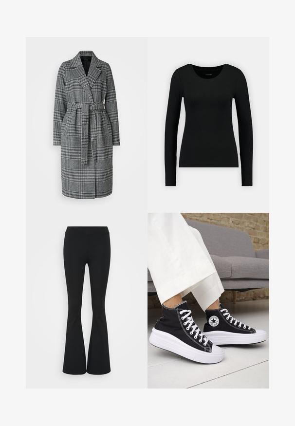 Šedý a černý kostkovaný kabát s dvouvstupovým designem, páskem v oblasti pasu, širokými klopami a dlouhými rukávy. Měkká tkanina s texturovaným vzorem.; Černé dlouhé rukávy tričko vyrobené z žebrované tkaniny. Má kulatý výstřih a přiléhavý střih. Jednoduchý design bez vzorů nebo akcentů.; Černé zvonové kalhoty vyrobené z elastického materiálu, s vysokým pasem a hladkou texturou. Kalhoty se rozšiřují od kolene.; Černé vysoké tenisky s bílými gumovými podrážkami a tkaničkami. Mají kulatou nášivku s logem a kontrastní bílé prošití. Materiál plátno.
