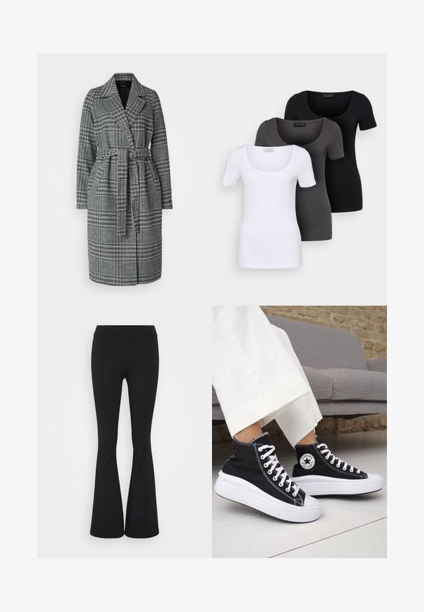Šedý a čierny károvaný kabát s dvojitým zapínaním, opaskom v páse, širokými klopami a dlhými rukávmi. Mäkčný materiál s štruktúrovaným vzorom.; Tričko v bielej, šedej a čiernej farbe s priliehavým strihom. Každé má široký výstrih a krátke rukávy. Vyrobené z hladkej, elastickej tkaniny.; Čierne rozšírené nohavice vyrobené z elastického materiálu, s vysokým pásom a hladkou textúrou. Nohavice sa rozširujú od kolena.; Čierne vysoké tenisky s bielymi gumovými podrážkami a šnúrkami. Obsahujú okrúhlu nášivku s logom a kontrastné biele prešívanie. Materiál je plátený.