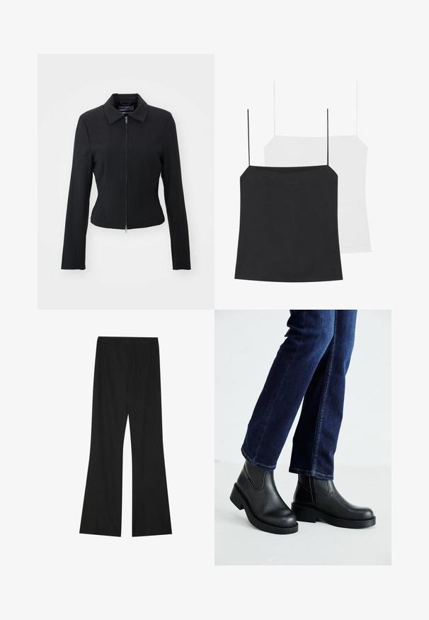 Weekday ZIP SUITING - Suvejakk - dark grey melange; Kaks kampsunit on näha: üks must ja teine valge. Mõlemal on õhukesed rihmad ja need on valmistatud siledast, venivast kangast, omades kehaümbritsevat disaini.; Mustad flared püksid tekstuuriga kangast, millel on elastne vöökohus ja lõtv lõige, loodud mugavuseks ja liikumisvabaduseks.; Mustad mustad nahast sääre kõrgused saabastega, millel on paks tald ja küljel elastsed paneelid, kombineeritud tumedate siniste teksadega. Maapind on heledat värvi.