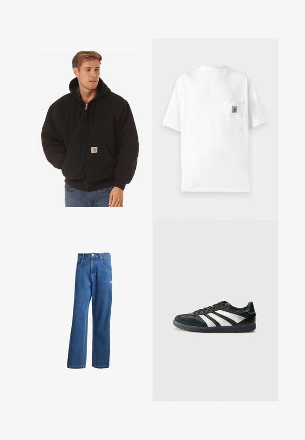 Carhartt WIP ACTIVE JACKET - Ελαφρύ μπουφάν - black; Λευκό βαμβακερό μπλουζάκι με στρογγυλή λαιμόκοψη, κοντά μανίκια και τσέπη στο στήθος με λογότυπο. Μινιμαλιστικός σχεδιασμός και χωρίς ραφές υφή.; Μπλε τζιν παντελόνι με ψηλή μέση, φαρδιά μπατζάκια, μπροστινές τσέπες, θηλιές ζώνης, κλείσιμο με κουμπί και μικρό λογότυπο Adidas στο δεξί μηρό.; adidas Performance PREDATOR FREESTYLE JUDE INDOOR FOOTBALL SHOES - Μπότες ποδοσφαίρου εσωτερικού χώρου - core black/silver-coloured/glory blue