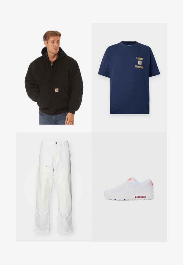 Carhartt WIP ACTIVE JACKET - Allvädersjacka - black; Marinblå bomull t-shirt med korta ärmar, med guldtexten "Carhartt University" och en logopatch på vänster bröst.; Vita bomullscargo Byxor med en avslappnad passform. Funktioner inkluderar framfickor, guld Accentdetaljer och förstärkta knäsektioner.; Vit atletisk sneaker med en slät överdel, snörning, vadderad sula och en synlig luftenhet med röda detaljer på varumärket.