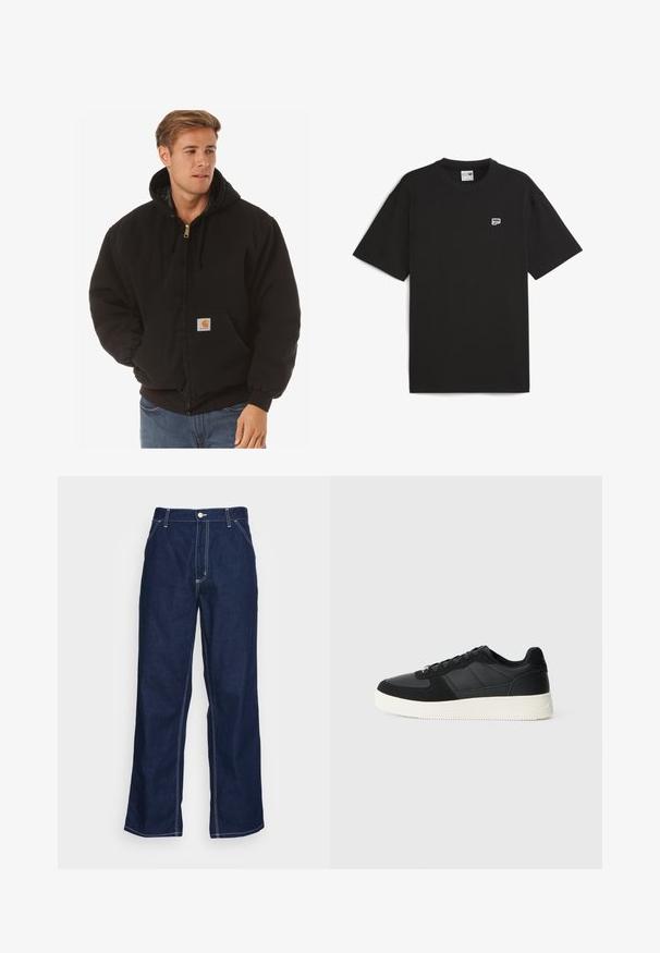 Carhartt WIP ACTIVE JACKET - Light jacket - black; Black short-sleeve t-shirt made of cotton, featuring a crew neckline and small white logo on the chest. Simple, relaxed fit.; Dark blue denim trousers with wide legs, featuring a high waist, front pockets, and contrasting white stitching along seams.; Black low-top sneaker with textured leather and suede panels, white rubber sole, and black laces on a plain light background.
