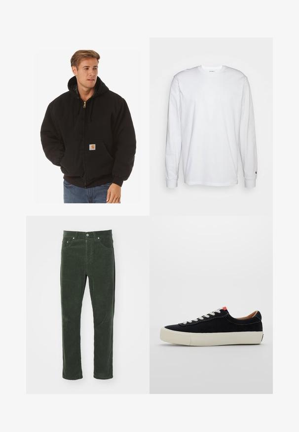Carhartt WIP ACTIVE JACKET - Jachetă subțire - black; Tricou alb cu mâneci lungi, din bumbac. Design cu guler rotund, cu manșete ribbate și un logo mic pe mâneca stângă. Textură netedă.; Pantaloni din catifea verde cu un design drept, având cinci buzunare, sistem de închidere cu buton metalic și suprafață texturată cu riburi.; Tenisi negri din material textil, cușme albe, talpă din cauciuc bej și un accent roșu la călcâi. Vârf rotunjit și detalii de cusătură minime.