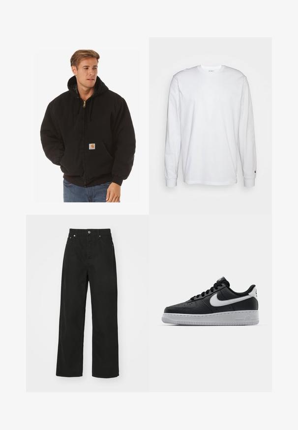 Carhartt WIP ACTIVE JACKET - Overgangsjakke - black; Hvid langærmet T-shirt lavet af bomuld. Rund halsudskæring med ribbede manchetter og et lille logo på venstre ærme. Glat tekstur.; Sorte denimbukser med lige bendesign, der har fem lommer, knaplukning og klassisk talje. Glat tekstur.; Sort lædersneaker med tekstureret overflade, hvid Nike swoosh, grå sål, rund tå og snørebåndsdesign. Har perforeringer på tåboksen.