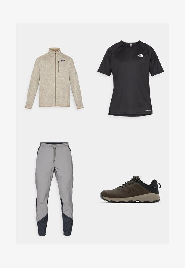 Fleece jakna u bež boji s teksturiranim uzorkom, visokim ovratnikom, punim zatvaračem i dva bočna džepa. Sadrži kontrastne bež detalje i logotip.; Crna kratkotrajna atletska majica s teksturiranom tkaninom, koja ima bijeli logo na lijevom prsnom dijelu i ravni rub.; Lagane, sive atletske hlače s crnim akcentima. Elastični pojas, zatvaranje na vezicu, dizajn suženih nogavica i bočne džepove.; Smeđe vodootporne tenisice s teksturiranom gornjom i perforiranim detaljima, crnom potporom za petu i sivim gumiranim potplatom. Čipke su stilizirane s metalnim krajevima.