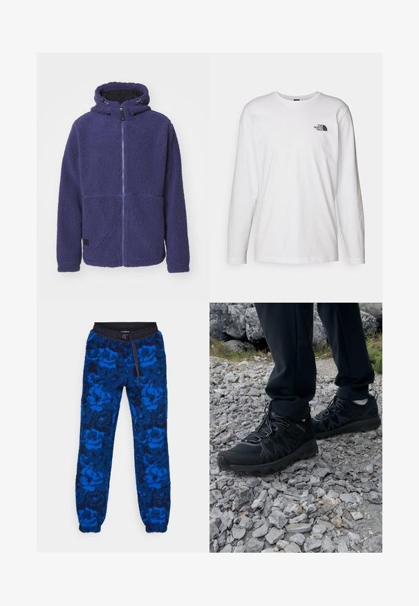 Violet fleece takki jossa on huppu, suljettava vetskari, sivutaskut ja tekstuuri. Sisältää logopatchin helman lähellä.; Valkoinen pitkähihaisen T-paita, joka on valmistettu puuvillasta ja jossa on pyöreä kaula-aukko. Rintamuksessa on pieni musta logo. Sileä kangas, normaali malli.; Siniset fleece-housut, joissa on kukkakuosi, mustalla elastisella vyötärönauhalla ja nyörillä varustettuna. Tuntuvapintainen kangas ja elastiset hihnat nilkoissa.; Mustat ulkokengät, joissa on verkko- ja synteettinen materiaali, teksturoitu päällinen, varma nauhoitusjärjestelmä ja kestävä pohja kivikkoisella maastolla.