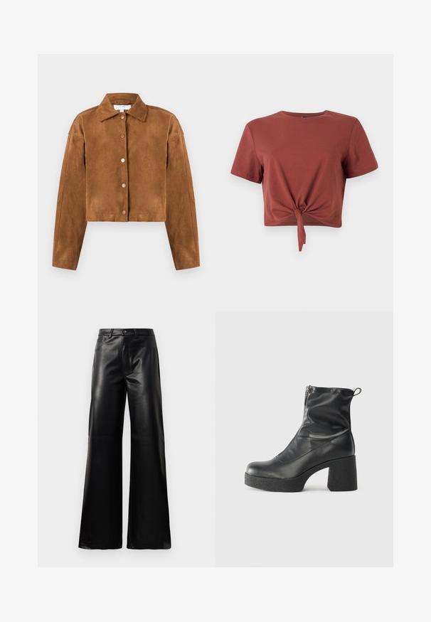 Veste en suede brun, cropped, avec un col, des manches longues et cinq boutons-pression circulaires à l'avant. Texture lisse, design minimaliste.; T-shirt court de couleur rouille en coton doux avec des manches courtes et un détail noué à l'avant. Texture lisse, col rond.; Pantalons larges en faux cuir noire taille haute avec bouton avant, fermeture éclair, passants de ceinture et poches latérales sur fond blanc.; Bottes noires à la cheville en cuir lisse, dotées d'une fermeture éclair sur le côté, d'un talon épais texturé et d'une conception à bout rond.