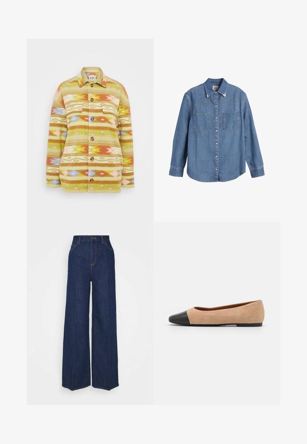 Žlutá a hnědá fleecová košile s geometrickými vzory v růžové, oranžové a modré barvě. Má knoflíky a dvě náprsní kapsy.; Světle modrá džínsová košile s dlouhými rukávy, špičatým límcem, dvěma kapsami na prsou a kontrastním prošíváním. Obsahuje design hřebenu ve westernovém stylu.; Široké tmavě modré džíny s vysokým pasem, předními a zadními kapsami, zapínáním na knoflík a viditelnými švy.; Béžové semišové baleríny s černou koženou kulatou špičkou, nízkým podpatkem a hladkým povrchem, s minimálním prošíváním a čistým designem.