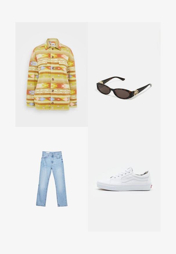 Geel en bruin fleece shirtjack met geometrische patronen in roze, oranje en blauw. Heeft knopen en twee borstzakken.; Twee getailleerde tanktops in zwart en wit. Gemaakt van geribbelde katoen, ze hebben brede schouderbanden en afgeronde halslijnen. Merken op de kraag.; Lichtblauwe denim jeans met een rechte snit, vijf-pocket ontwerp en zichtbare stiksels. Middenhoge taille met een klassieke knoop- en ritssluiting.; Witte canvas sneakers met een lage ontwerp, ronde neus, vetersluiting, gevoerd kraag en een patroon in de binnenvoering. Rode logotag op de hiel.; Schildpadbril met langwerpige ovale lenzen, bruine tint, gouden logo-accenten op de pootjes en slanke zwarte armen.