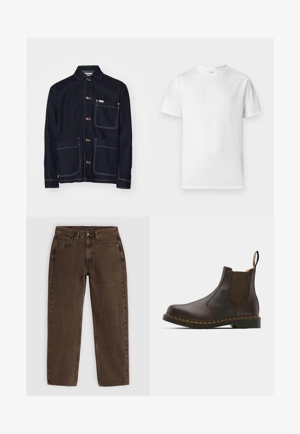 Wrangler KOBE CHORE JACKET - Spijkerjas - bad hoss; Witte T-shirt met korte mouwen van zacht katoen. Heeft een ronde halslijn en een rechte zoom met minimale details.; Bruine denim jeans met een rechte pasvorm, vijf zakken, sluiting met een voorste knoop en minimale stikdetails. Zachte textuur met een matte afwerking.; Bruine leren Chelsea-boot met elastische zijpanelen, gestructureerde hak en contrasterende gele stiksels. Voorzien van een trekband voor gemakkelijk aan- en uittrekken.