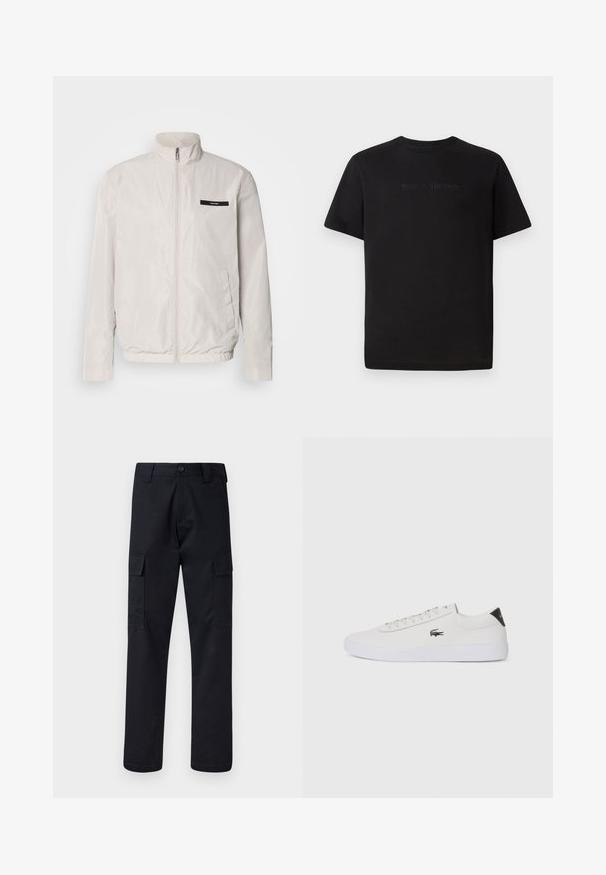 Calvin Klein ESSENTIAL BLOUSON - Suvejakk - silver lining; Lacoste Lihtne T-särk - black; Mustad mustad püksid, mis on valmistatud tugevast materjalist, sirge lõikega, kaht küljetaskut ja nööbiga sulgemist vöökoha juures.; Valge nahast tenniseking ümara ninaga, lukkude ja musta kontsa aktsendiga. Külgedel on väike broderi krokodilli logo.
