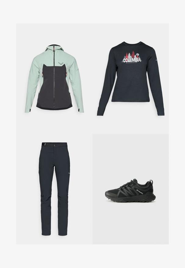 Lichte jas met een bovenstuk in mintgroen en een donkergrijs onderstuk. Glad oppervlak, ritssluiting en twee zijzakken met oranje accenten.; Langsluitend donkergrijs shirt met lange mouwen, versierd met een grafisch ontwerp van rode bomen en bergen; het "COLUMBIA"-logo in vet witte tekst. Zacht materiaal, standaard ronde hals.; Heren buitenbroeken, donkergrijs, gemaakt van flexibel materiaal, met een riem, ritszakken en verstevigde stiksels.; Columbia PEAKFREAK - Outdoorschoenen - black