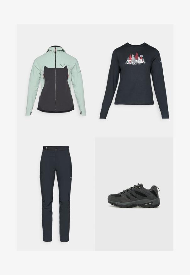Leichte Jacke mit einem oberteil in Mintgrün und einem unteren Abschnitt in Dunkelgrau. Glatte Textur, Reißverschluss und zwei seitliche Taschen mit orangefarbenen Akzenten.; Dunkelgraues Langarmshirt mit einem Grafikdesign von roten Bäumen und Bergen; das "COLUMBIA"-Logo in fett weißer Schrift. Weicher Stoff, klassischer Rundhalsausschnitt.; Herren Outdoor-Hosen, dunkelgrau, aus flexiblem Material, mit einem Gürtel, Reißverschlusstaschen und verstärkten Nähten.; Columbia REDMOND - Hikingschuh - black/citron haze