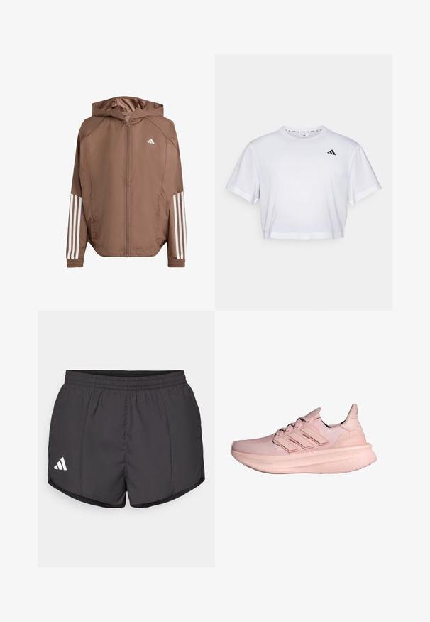 Brown lightweight jacket with a hood, zip front, and elastic cuffs. Features white stripes on sleeves and a small logo on the chest.; White cropped t-shirt made from soft fabric, featuring short sleeves and a round neckline. Black logo on the left chest.; Black athletic shorts made of lightweight fabric, featuring an elastic waistband and a white Adidas logo on the lower left side.; Pink athletic shoes with a knit upper, three-stripe design, and a thick cushioned sole labeled "Light Boost." Textured finish on the upper.