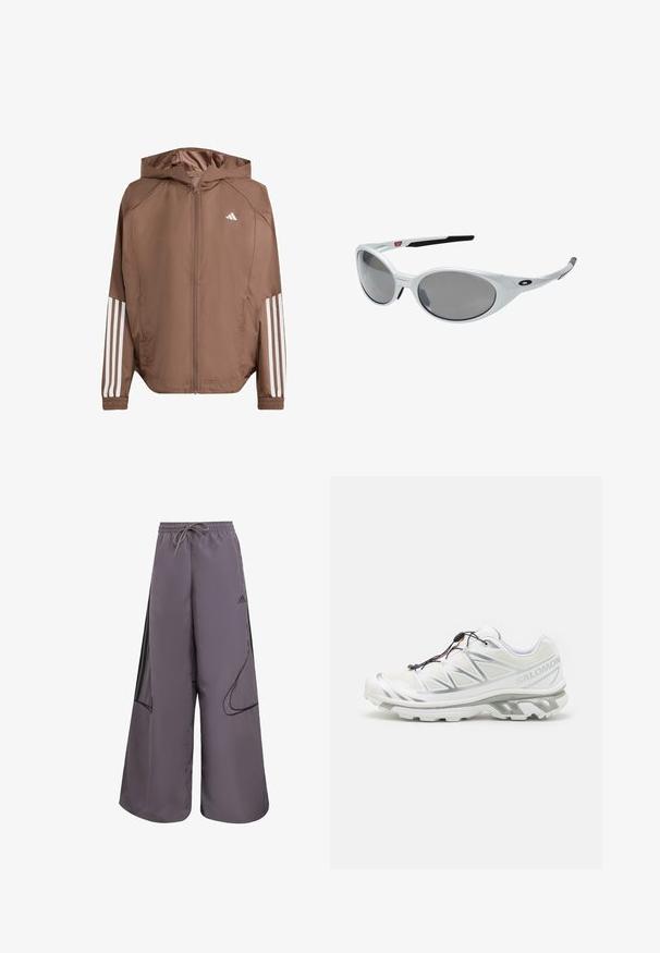 Brun letvægtjakke med hætte, lynlås fortil og elastiske manchetter. Har hvide striber på ærmerne og et lille logo på brystet.; Langærmet atletisk skjorte i hvidt stof med rund halsudskæring og sort Adidas-logo på venstre skulder og sideaccent.; Lilla bredbukser lavet af letvægtsstof, med elastisk talje, sidelommer, sorte accenter og logo-detalje.; Hvid atletiksko med en tekstureret overdel, reflekterende detaljer og en grå sål. Har fremhævede trekantede mønstre og et hurtigt snøresystem.; Hvide plast solbriller med store ovale linser, gråtonede. Har sorte øre greb og et lille logo på rammen. Glat overflade.