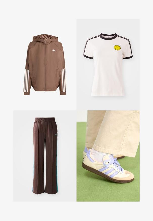 Smeđa lagana jakna s kapuljačom, prednjim zatvaračem i elastičnim manžetama. Sadrži bijele pruge na rukavima i mali logo na prsima.; Bijela pamučna majica s crnim rebrastim ovratnikom, kratkim rukavima, crnim prugama i žutim nasmijanim licem izvezenim na prsima.; Smeđe atletske hlače s rebrastom teksturom, elastičnim pojasom i tirkiznim bočnim trakama. Na prednjem dijelu nalazi se adidas logo.; Kremasto-ljubičaste tenisice s tri pruge i strukturiranim smeškim potplatom, s vezicama i podstavljenim petom. Mekana gornja tkanina.