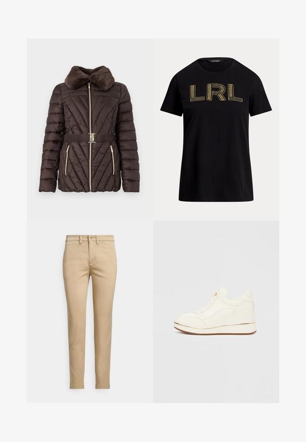 Brown puffer jacket with a faux fur collar, diagonal quilted pattern, gold zipper, and matching waist belt with a silver buckle.; Black cotton t-shirt with short sleeves featuring gold embroidered "LRL" text on the front. Round neckline, relaxed fit, smooth texture.; Beige cotton chinos with a straight fit, featuring a button closure, front pockets, and stitched detailing along the seams.; White sneakers with a textured design, rounded toe, lace-up front, and a wedge heel accented by a gold stripe. Rubber sole.