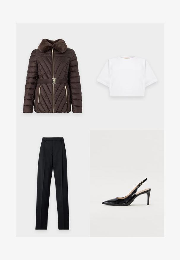 Bruine pufferjack met een nepbontkraag, diagonale gestikte patroon, gouden rits en bijpassende taille riem met een zilveren gesp.; Gemiddelde witte T-shirt gemaakt van zachte stof, met korte mouwen, een ronde halslijn en geribbelde zoomdetails. Eenvoudig en ongecompliceerd ontwerp.; Zwarte broek gemaakt van gladde stof met een hoge taille, wijde benen, voorplooien en klassieke ceintuurlussen. Geen zijzakken zichtbaar.; Zwarte gepatineerde leren slingback pump met een puntige neus, slanke hak en een subtiel uitgesneden ontwerp. Bevat een gouden gesp op de band.