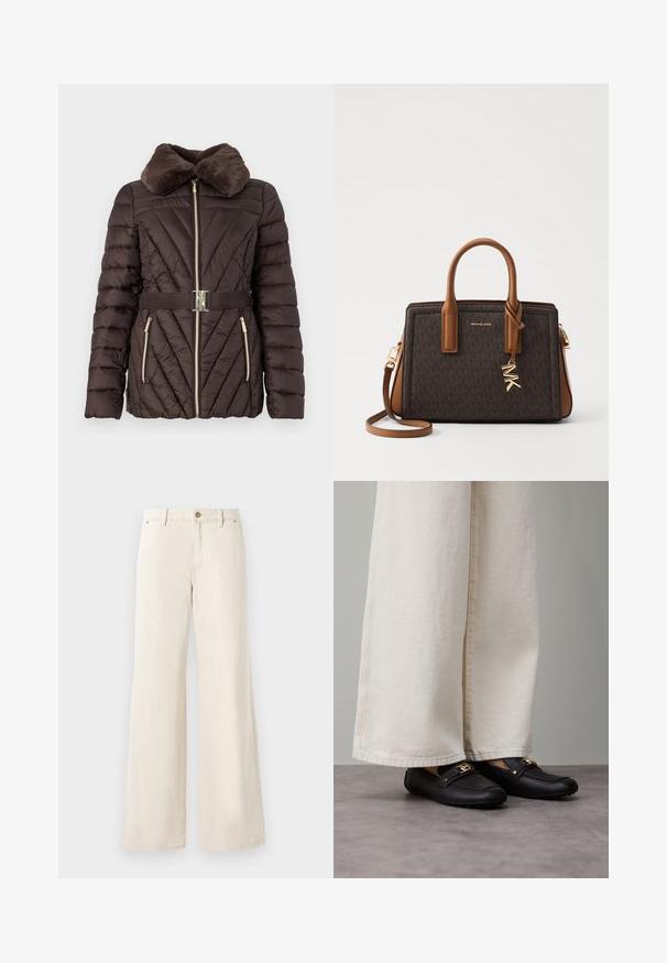 Giacca puffer marrone con colletto in pelliccia sintetica, motivo a rombi, zip dorata e cintura coordinata con fibbia argentata.; Top bianco senza maniche realizzato in tessuto liscio, con scollatura rotonda e pieghe sottili sulle spalle, dotato di un orlo curvo.; Pantaloni beige a gamba larga in cotone con una texture liscia. Caratterizzati da una chiusura a bottone, tasche frontali e un design classico della vita.; Mocassini in pelle nera con dettagli in oro, indossati con pantaloni larghi color crema, che mostrano una texture liscia e una forma arrotondata.; MICHAEL Michael Kors LAILA SATCHEL - Borsa a mano - brown