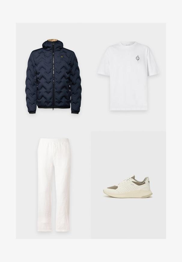 Chaqueta acolchada azul marino con capucha, con un diseño de acolchado en zigzag, dos bolsillos laterales, cremallera completa y puños elásticos.; Camiseta de algodón blanca con un corte relajado, con un pequeño logotipo gráfico negro en el área del pecho izquierdo. Mangas cortas, estilo cuello redondo.; Pantalones de lino blanco con cinturilla elástica, diseño de pierna recta y tela ligeramente texturizada. Sin patrones ni detalles adicionales.; Zapatilla deportiva en blanco y beige claro, con parte superior de malla, detalles perforados y una mediasuela texturizada con la marca en el talón.