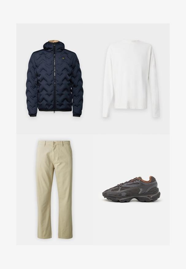 Giacca a vento blu navy con cappuccio, caratterizzata da un design trapuntato a zigzag, due tasche laterali, zip completa e polsini elasticizzati.; Camicia bianca in cotone a maniche lunghe con scollatura rotonda, spacchi laterali in fondo e una texture liscia, mostrata da dietro.; Pantaloni in cotone beige dal design a gamba dritta, con chiusura frontale a bottone e passanti per cintura. Tessuto liscio, senza motivi o dettagli visibili.; Sneaker Lacoste grigie scure in materiale mesh e sintetico, con suola testurizzata e dettagli marroni sul colletto e sul branding.