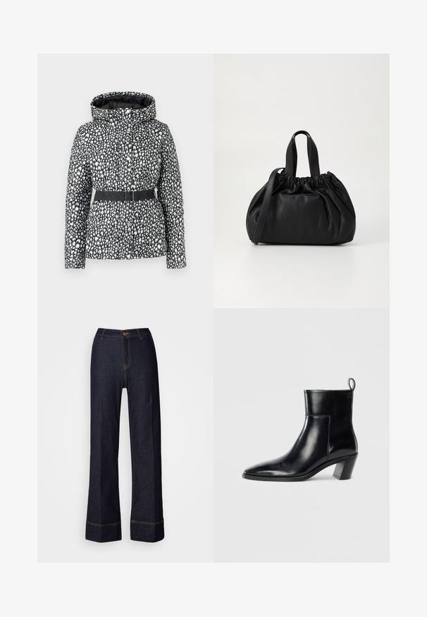 Gepolsterte Jacke mit schwarz-weißem Fleckenmuster, mit Kapuze, tailliertem Gürtel und Druckknopfverschluss. Glatte Textur.; Helles rosa Sweatshirt mit Rundhalsausschnitt und abgesenkten Schultern. Mit weißem "BARBOUR INTERNATIONAL"-Text auf der Vorderseite. Weicher Stoff.; Dunkelblaue weit geschnittene Jeans mit hoher Taille, die einen vorderen Knopfverschluss und orangefarbene Nähte aufweisen. Gesamte glatte Textur.; Schwarze Leder-Ankleboots mit spitzem Zeh, geometrischem Blockabsatz und einem Zugband hinten. Glatte Textur und elegantes Design.; Schwarze Lederhandtasche mit einem gerafften Oberteil, ausgestattet mit zwei kurzen Griffen und einem langen verstellbaren Schulterriemen. Glatte Textur, runde Form.